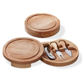 Wooden cheese board with cork screw and cheese utensils
